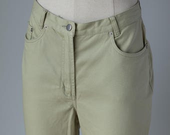Vintage High Waist Cotton Trousers: Sage Green 90s Straight Leg Pants