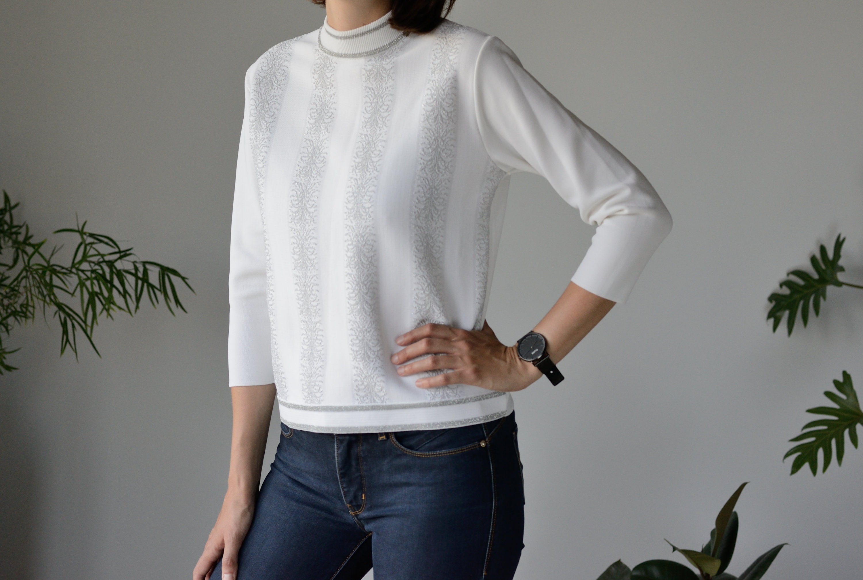 Knitted Crew Neck Jumper in White With Silver Details - Etsy