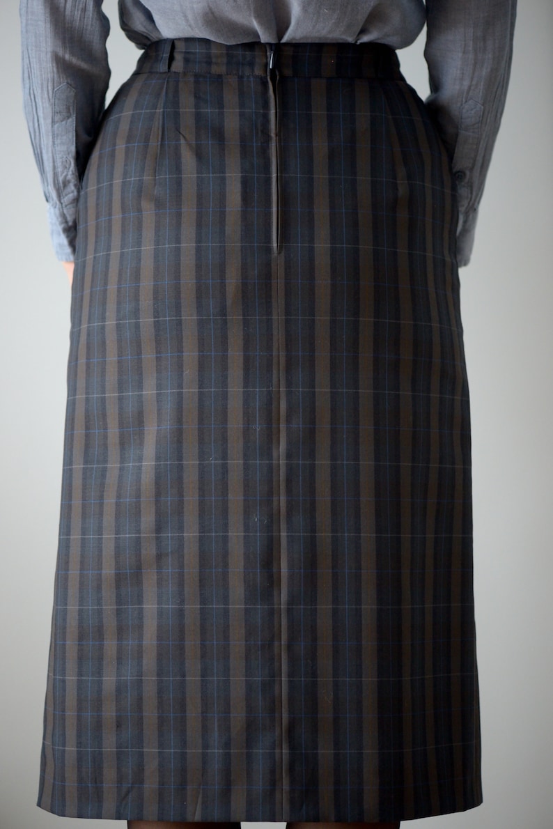 Vintage 80/'s Tartan Blue /& Brown Wool Pencil Midi Skirt