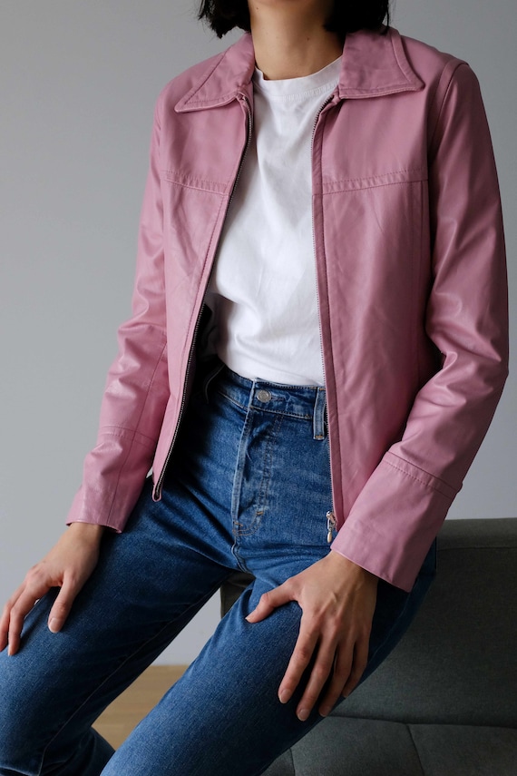 Classic sporty real leather jacket in pink