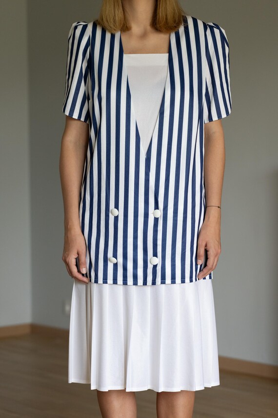 vertical stripe pleated dress Vintage Nautical Stripe Dress | 80s Puff Sleeve Blazer, Pleated Skirt (M/L)