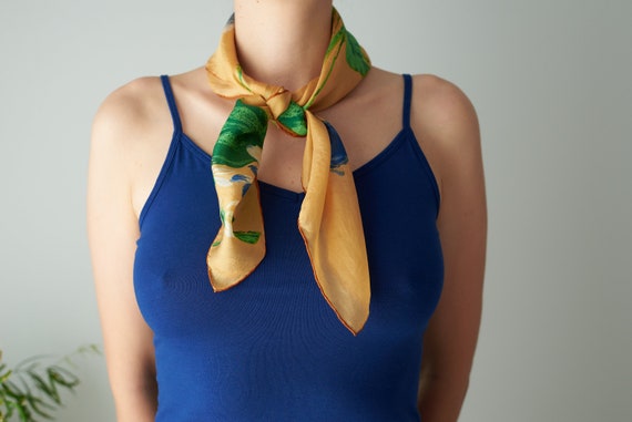 Vintage hand-printed silk head scarf, floral silk… - image 2