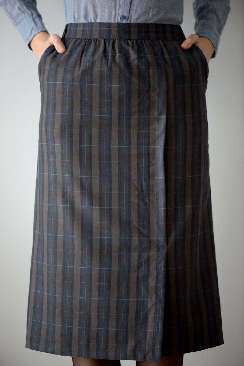 Vintage 80/'s Tartan Blue /& Brown Wool Pencil Midi Skirt
