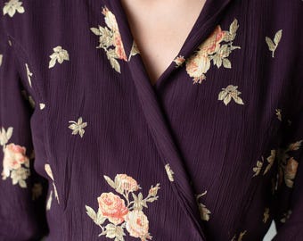 Vintage Burgunder Wickelkleid mit Rosen | 1980er Jahre Maison du Pantalon von Lena von Essen