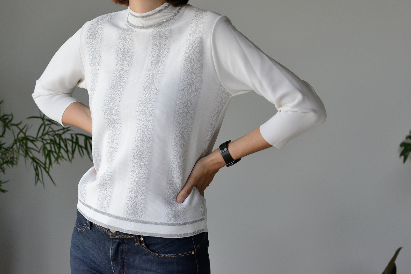 Knitted Crew Neck Jumper in White With Silver Details - Etsy