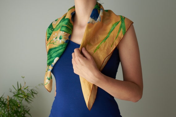 Vintage hand-printed silk head scarf, floral silk… - image 4