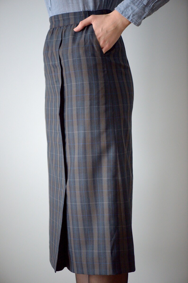 Vintage 80/'s Tartan Blue /& Brown Wool Pencil Midi Skirt