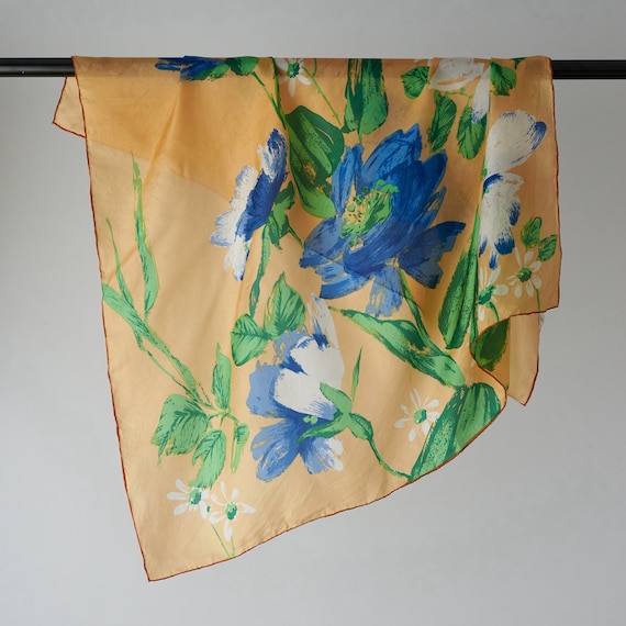 Vintage hand-printed silk head scarf, floral silk… - image 1