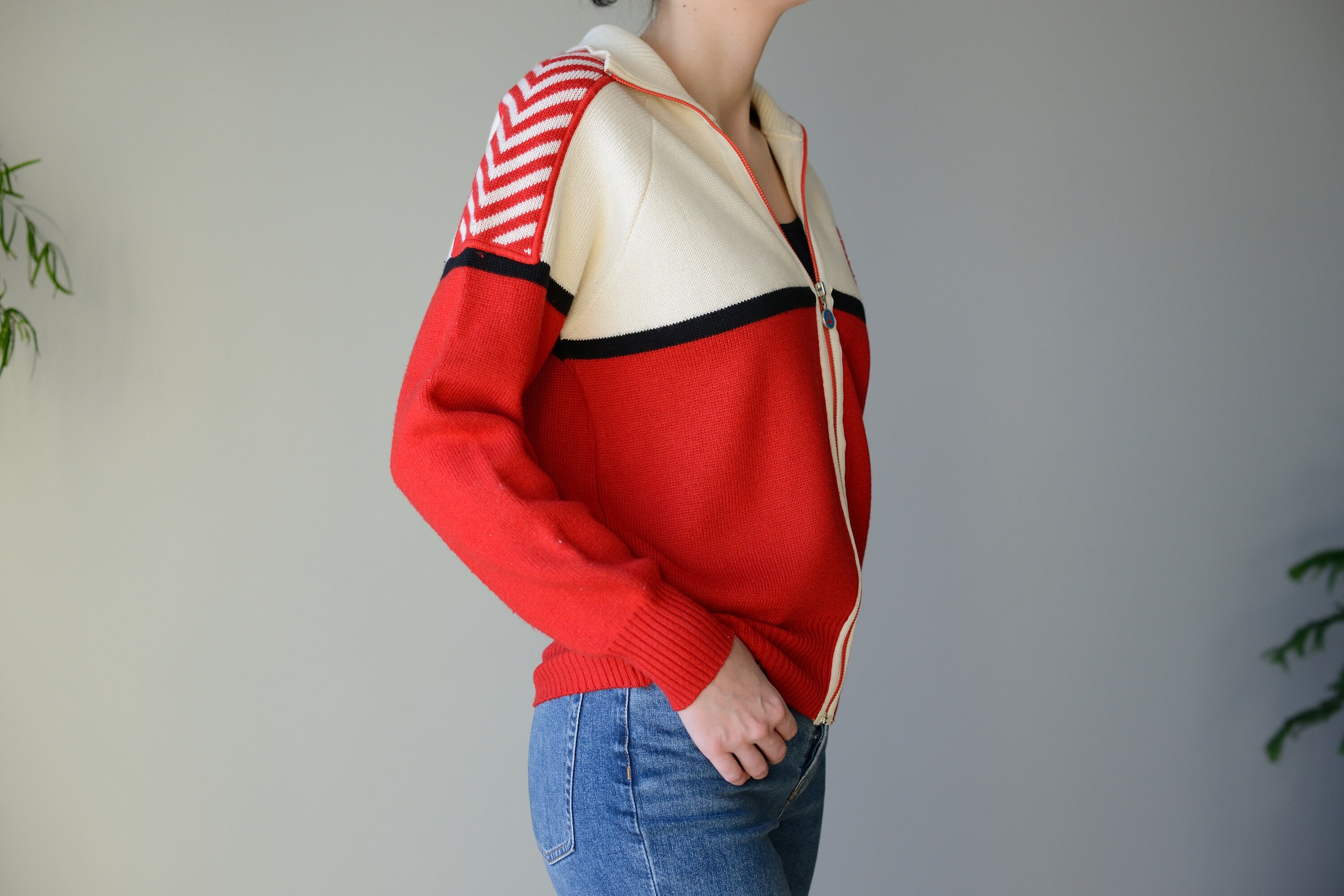Vintage Sporty Wool Blend Sweater With Collar in Red and White - Etsy