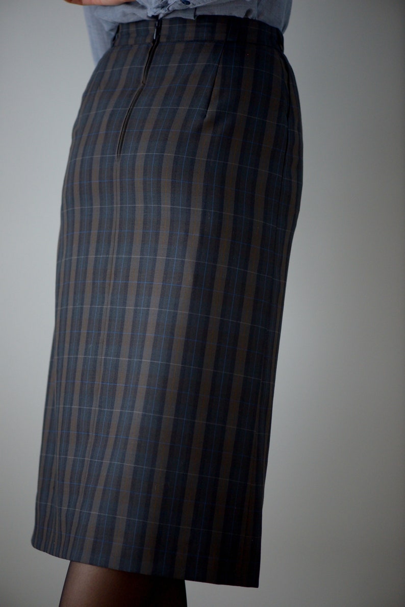 Vintage 80/'s Tartan Blue /& Brown Wool Pencil Midi Skirt