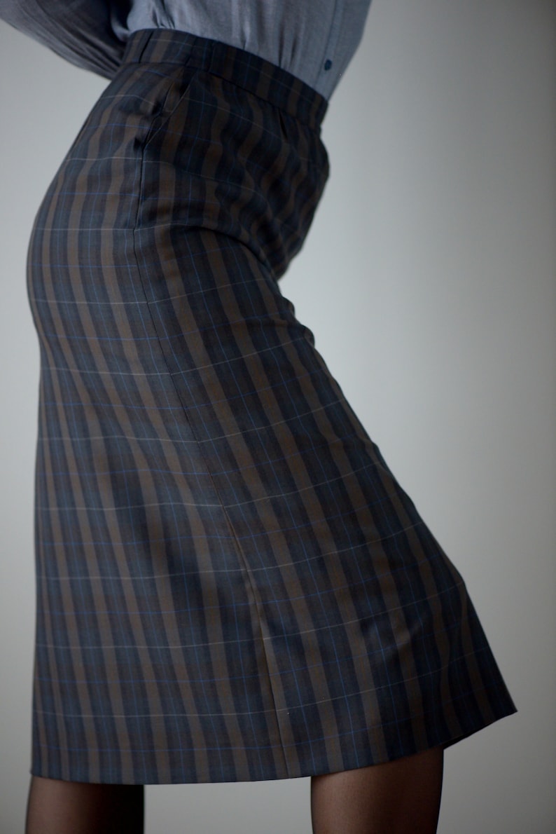 Vintage 80/'s Tartan Blue /& Brown Wool Pencil Midi Skirt