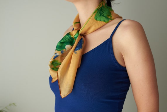 Vintage hand-printed silk head scarf, floral silk… - image 3