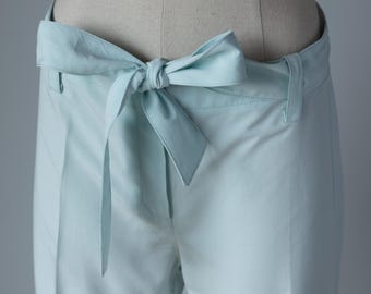 Y2K Ice Blue Wide-Leg Trousers with Tie Waist – 2000s George Minimalist Chic