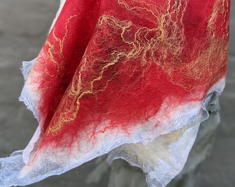 Golden Elegance Felted Shawl, Luxurious and Shimmering Nuno Felt Scarf