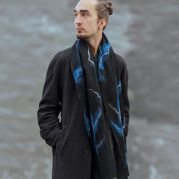 Elegant felted man's scarf, Nuno felt black scarf muffler, Unisex soft scarf for man, Avant-garde scarf/muffler, Ukraine shop