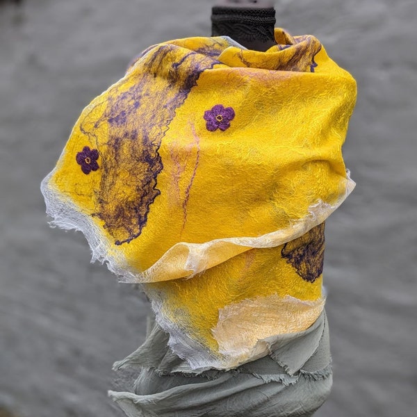 Yellow Boho Small Felted Wool Scarf With Lilac Florals, Boho Nuno Felt Floral Muffler