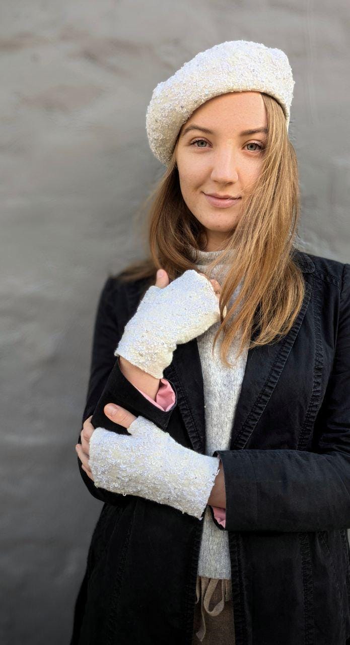 White Textured Beret and Mittens Set – Handmade French Style  display picture 1