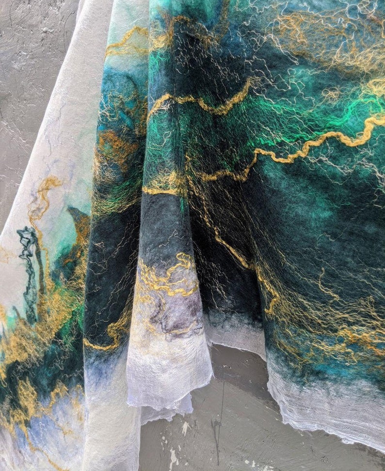 Large Luxury Emerald Green and Gold Art Shawl Wool Cape With - Etsy