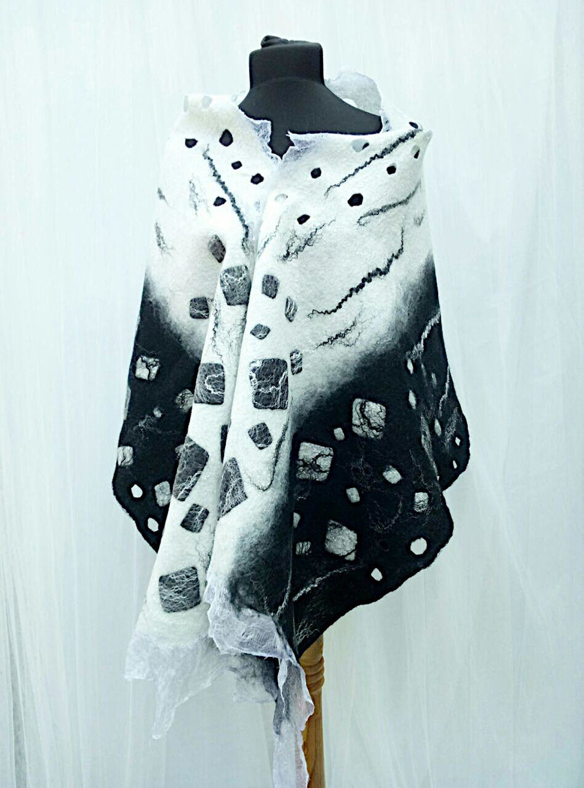 Large black and white art scarf Warm women shawl Felted | Etsy