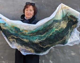 Large Luxury Emerald Green and Gold art shawl, Wool Cape with green marble texture, Dark green marble wrap, Felt Emerald Green  Gold Lines