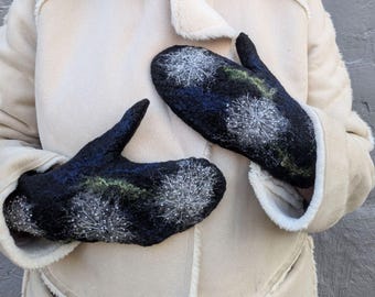 Black Felted Mittens with Dandelion Embroidery, Beaded Wool Mittens, Handmade Winter Gloves, Artistic Felt Accessories