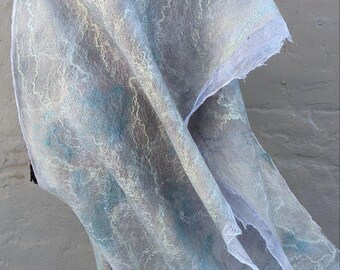 Romantic felted women's shawl, Soft silk and wool nuno felted scarf, Unique shawl in soft blue shades, Evening accessory, Shawl as a gift