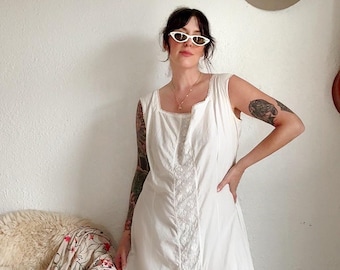 Antique Edwardian Dress 1900s Lace Cotton Gown | Romantic Victorian Era White Dress Size XL