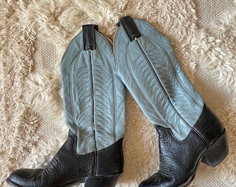 Bottes de cow-boy en cuir bleues vintage : pointure 5,5 pour femmes, The Sanders