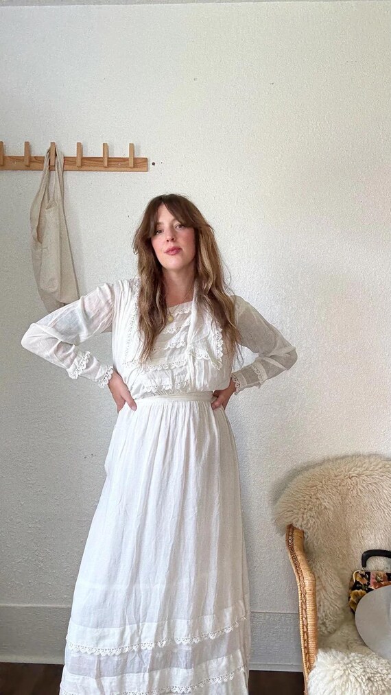 Edwardian White Cotton Lawn Dress: Antique Lace, Victorian Inspired