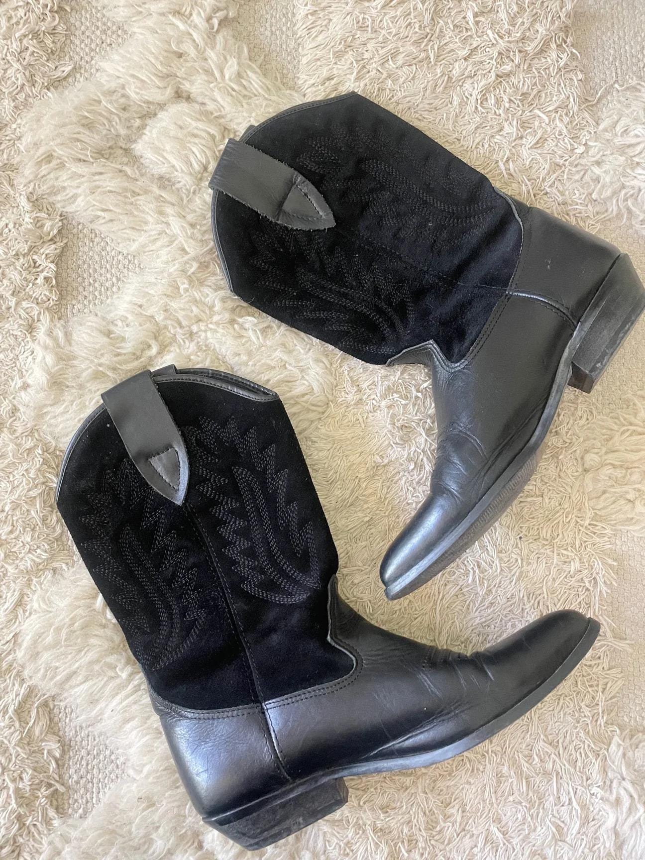 Vintage Black Suede Cowboy Boots | Western Rodeo Cowgirl Boots | Retro Boho Leather Boots | 80s Western Style Boots | Distressed Suede Boots
