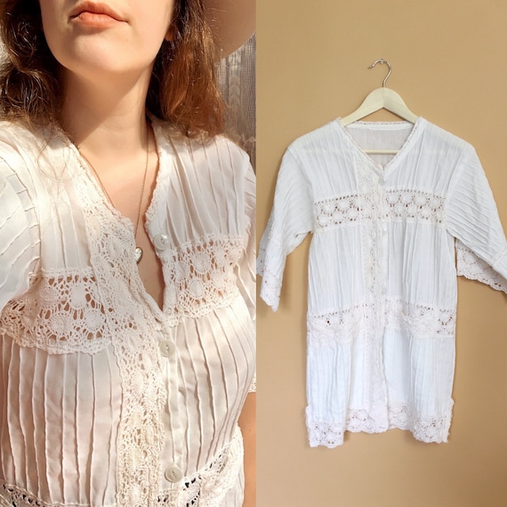 vintage 70s Mexican tunic crochet blouse / 70s mex