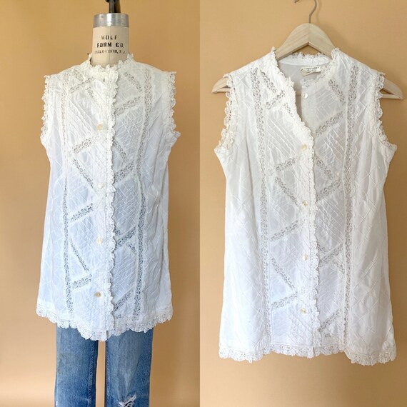 vintage white lace mexican cotton blouse / vintage