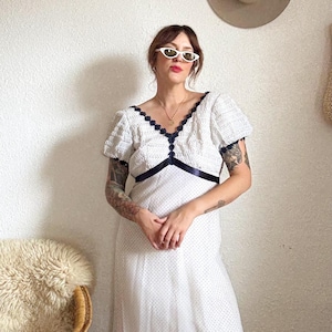 1970s Swiss Dot Maxi Dress | Vintage Prairie Boho Gown | Sheer White Ruffle Dress | Cottagecore Wedding Guest | 70s Festival Fashion