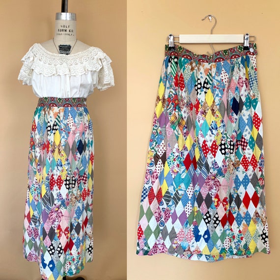 vintage quilted patchwork skirt, vintage 70s quilt