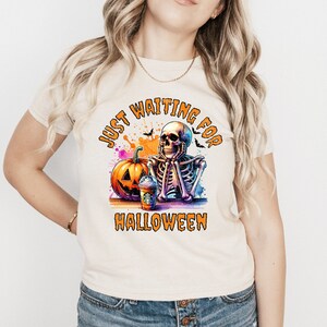 Just Waiting For Halloween Baby Tee, Funny Halloween Skeleton Tee, Halloween Baby Tee, Skeleton Starbucks Shirt, Funny Womens Halloween Tee