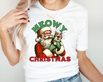 Meowy Christmas Shirt, Funny Christmas Cat Shirt, Funny Santa Shirt