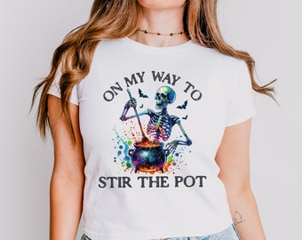 On My Way To Stir The Pot Halloween Baby Tee, Funny Sarcastic Halloween Skeleton Tee, Halloween Baby Tee, Funny Womens Halloween Tee