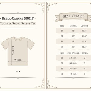May include: Size chart for Bella Canvas 3001T toddler short sleeve tee. The chart shows sizes 2T through 5T with corresponding width and length measurements in inches, as well as weight ranges in pounds and corresponding ages in years.
