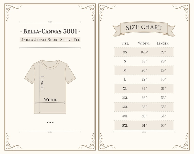 May include: Size chart for Bella + Canvas 3001 unisex jersey short sleeve tee. The chart shows sizes XS through 5XL with corresponding width and length measurements in inches.