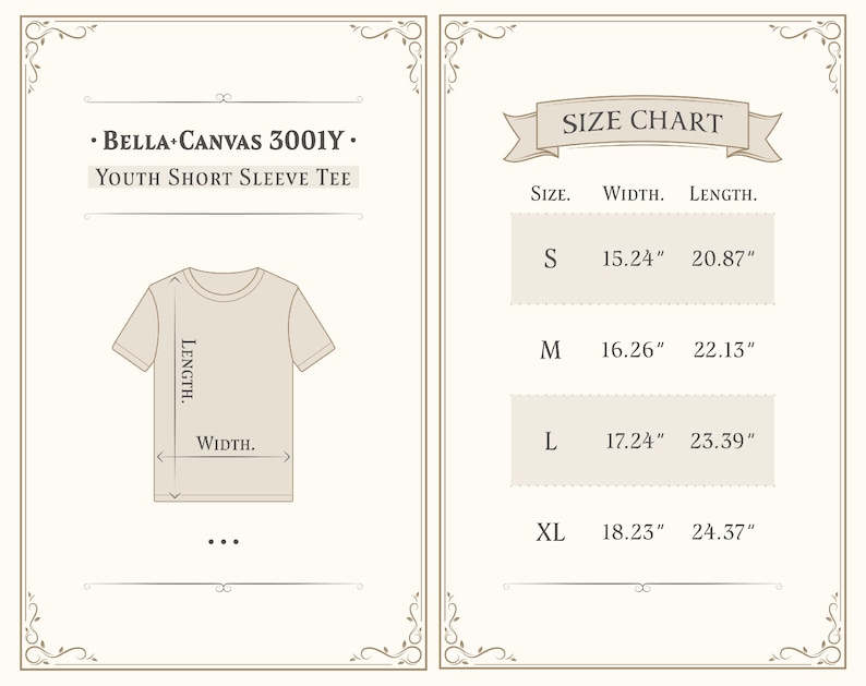 May include: Size chart for a youth short sleeve tee, Bella+Canvas 3001Y. The chart shows the width and length in inches for sizes S, M, L, and XL.