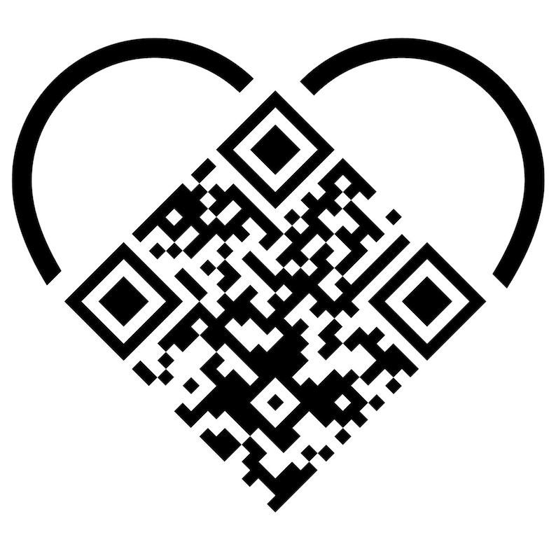 May include: Black and white QR code inside a heart shape.