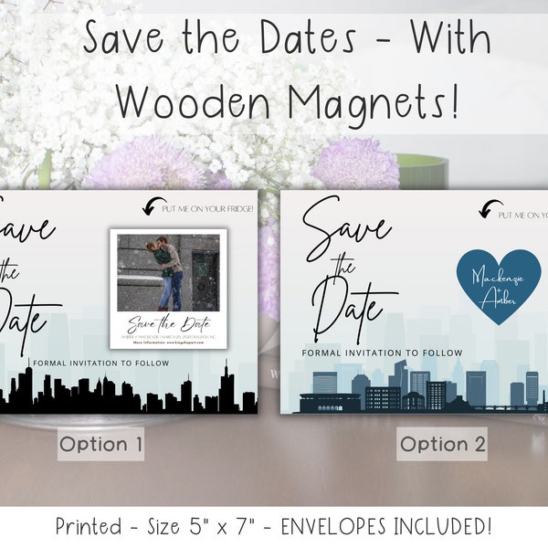 City Dreams Save the Dates - Wooden Wedding Invites, Wedding Card stock Magnets, City Landscape Wedding, Wooden Film Magnet Announcement