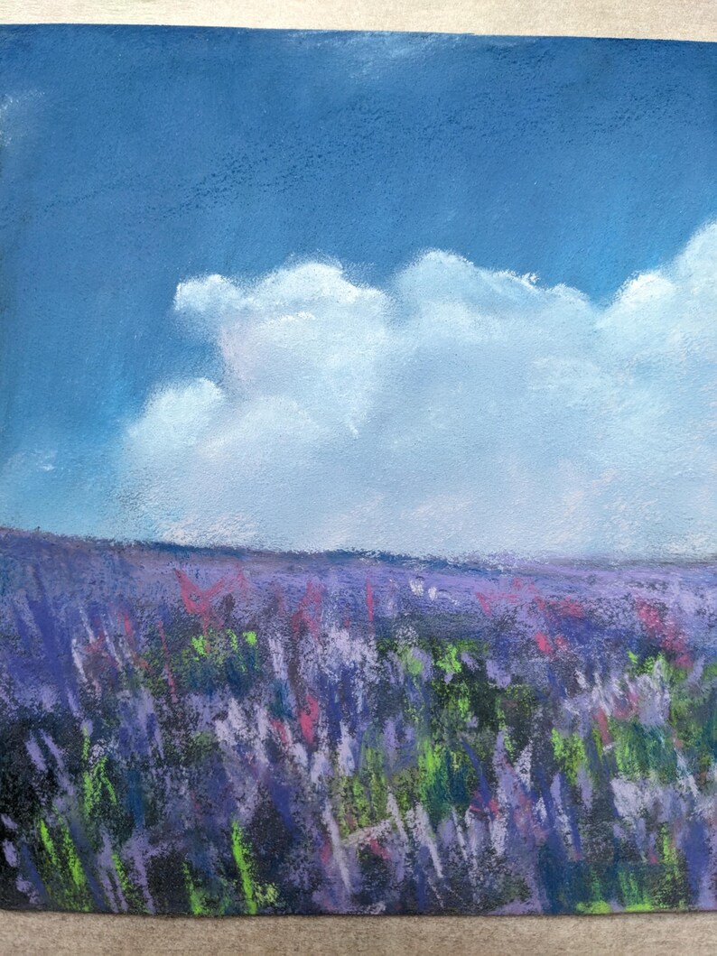 Lavender Field Pastel Painting With Blue Sky and Clouds - Etsy