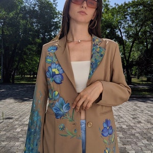 Hand painted beige blazer with Petrykivka ornament