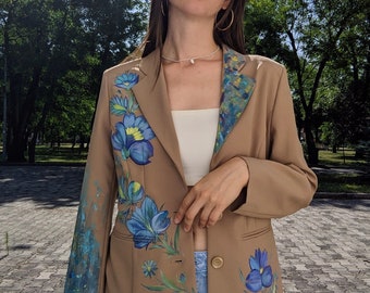 Hand painted beige blazer with Petrykivka ornament