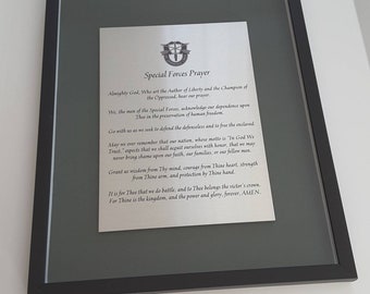 Special Forces Prayer printed on brushed aluminum, matted and framed in a 16" x 20" black shadow box frame