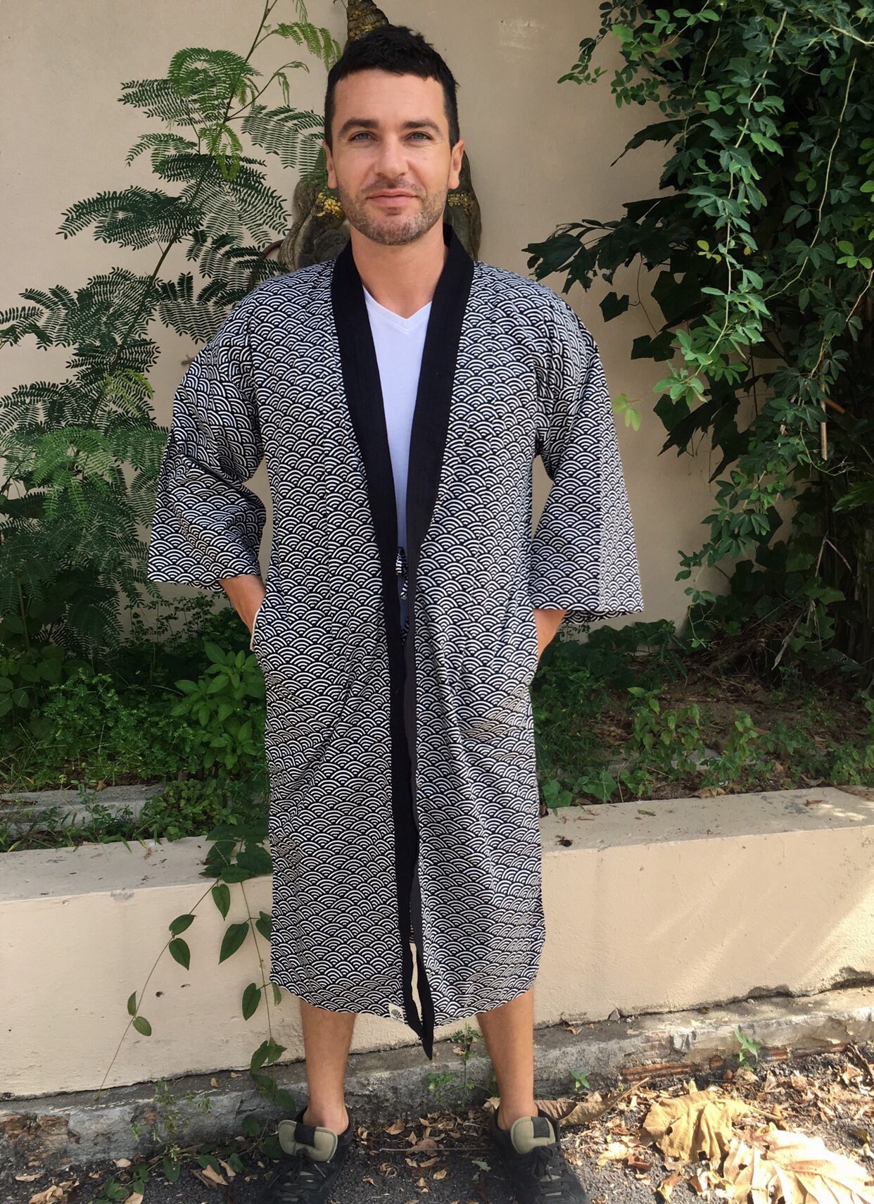 YOMOGI 柔らかコットンの羽織り Black Summer Japanese Long Kimono Jacket/top, Happi Coat