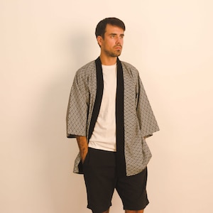 Black Summer Japanese Kimono Jacket/Top, Happi Coat, Seigaiha Wave Pattern, 100% Cotton