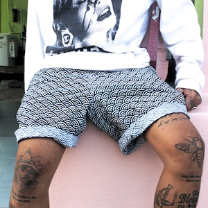Men&#39;s Red, White, Blue, Black, Pink Japanese Summer Shorts, Japanese Seigaiha Wave Pattern, 100% Cotton