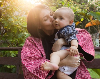 Noworodek Dziewczynki lub Chłopcy &#39;Minimono&#39; Japoński Kimono Kurtka/Top, Płaszcz Happi, Wzór Fal Seigaiha, 100% Bawełna
